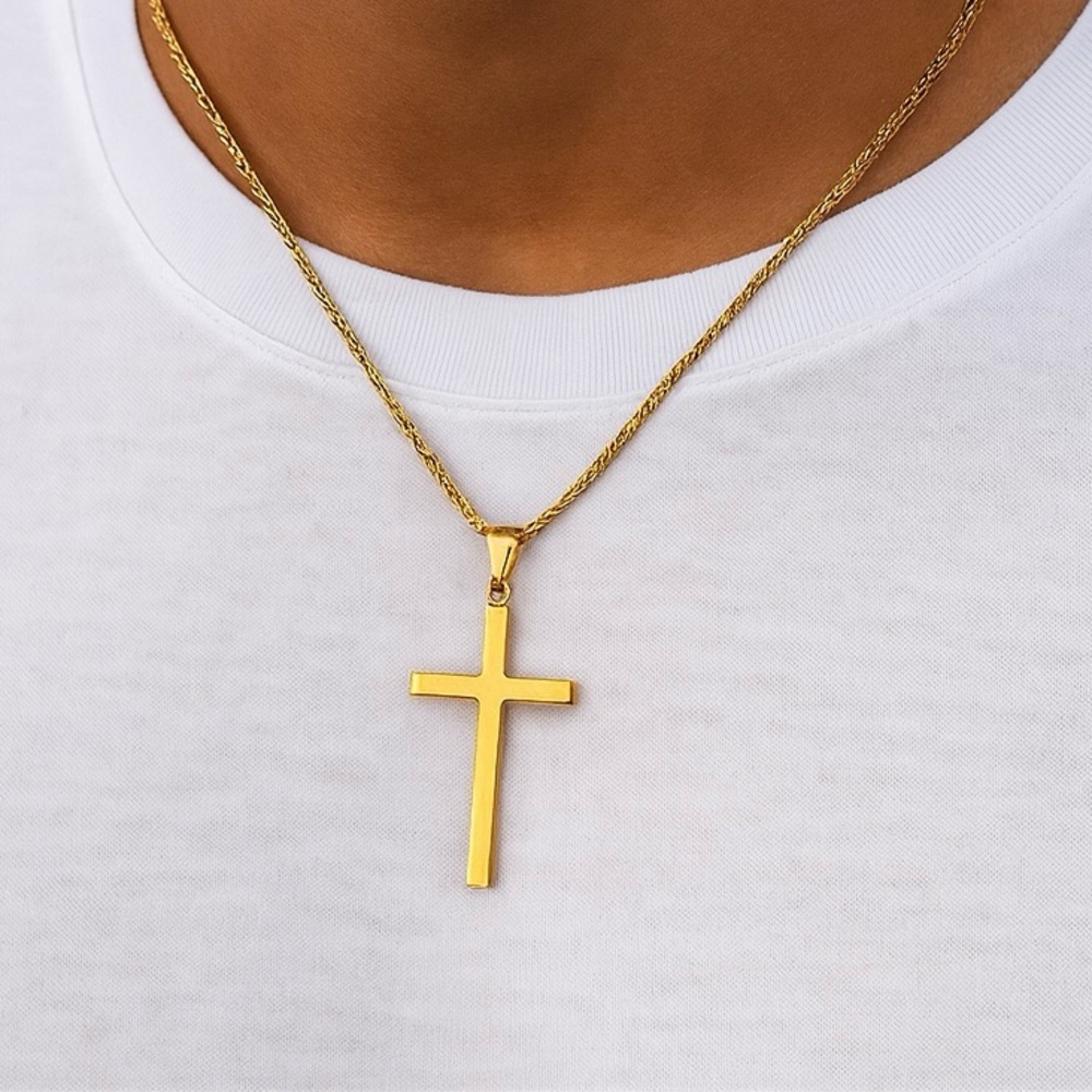 Gold Plated 18K Stainless Steel Men’s 1.54” x 0.98” Cross - Picture 2 of 6